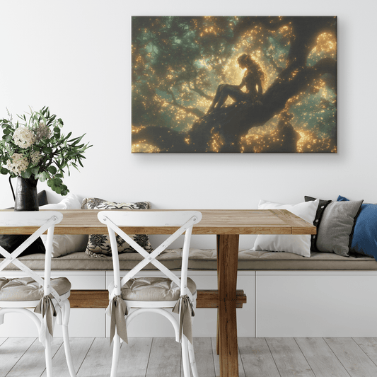 Female Blood Elf Hunter Perched on Treetop Shimmering Green Textures Cascading Golden Highlights Canvas Wall Art - Awakening Righteousness