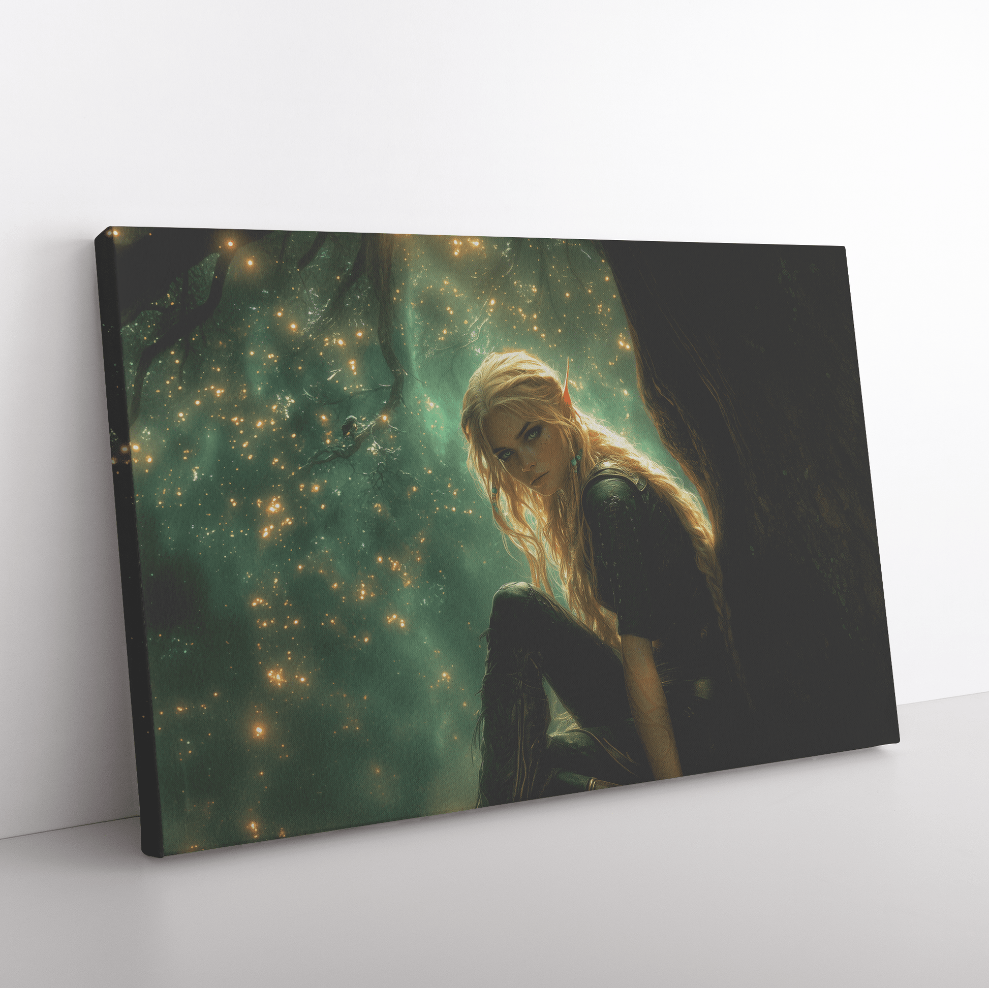 Female Blood Elf Hunter Perched on Treetop Shimmering Green Textures Cascading Golden Highlights Canvas Wall Art - Awakening Righteousness