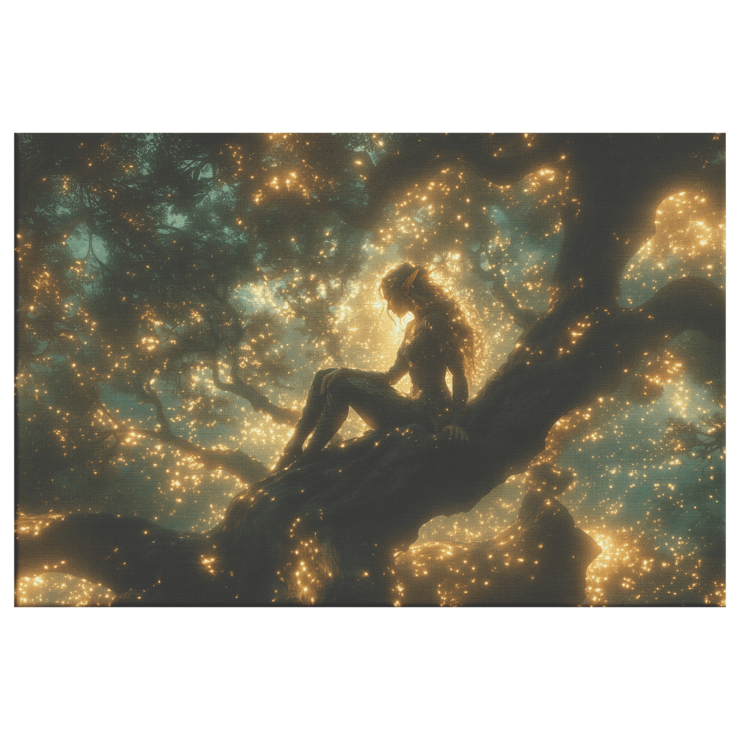 Female Blood Elf Hunter Perched on Treetop Shimmering Green Textures Cascading Golden Highlights Canvas Wall Art - Awakening Righteousness
