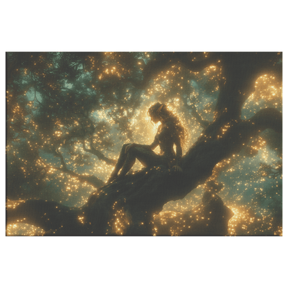Female Blood Elf Hunter Perched on Treetop Shimmering Green Textures Cascading Golden Highlights Canvas Wall Art - Awakening Righteousness