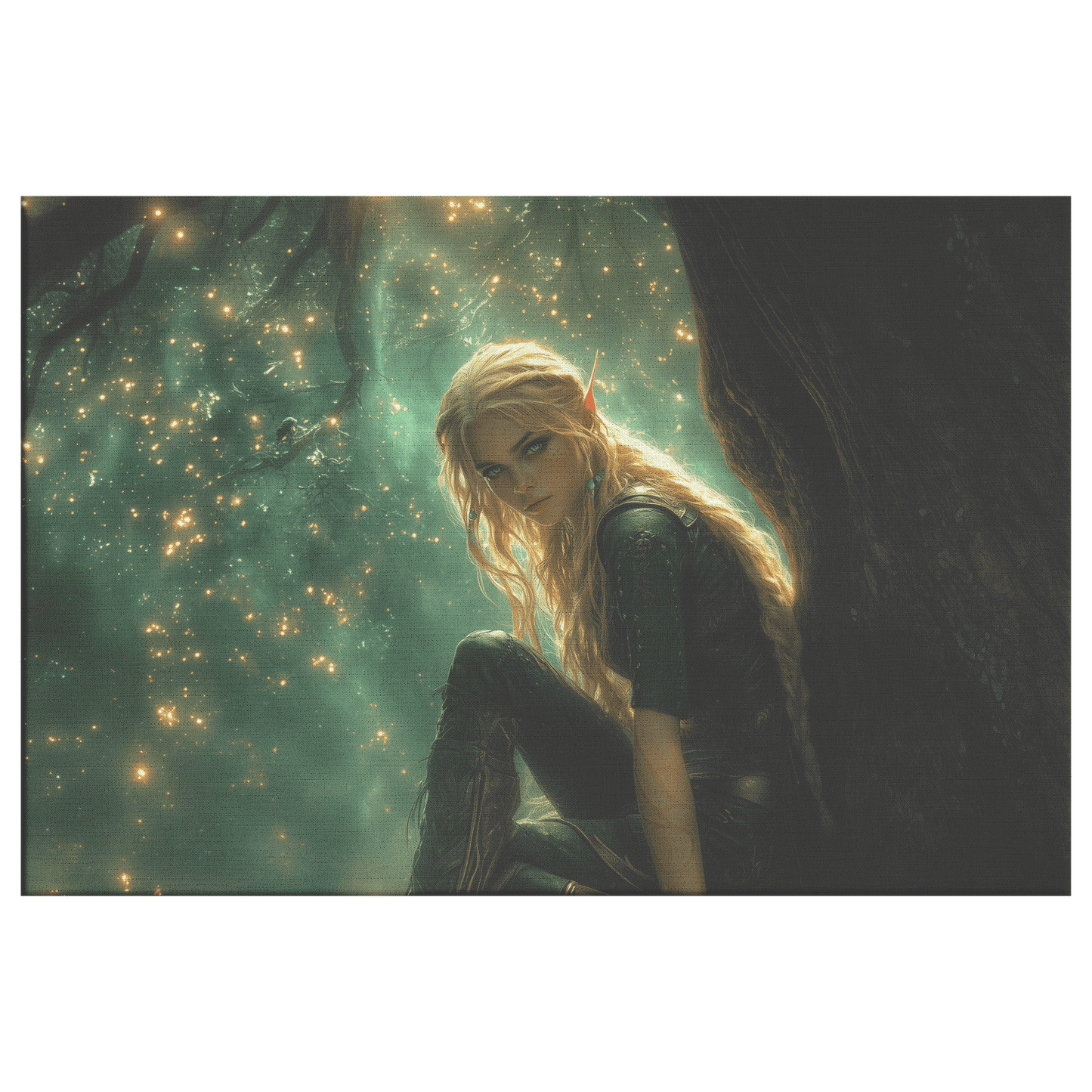 Female Blood Elf Hunter Perched on Treetop Shimmering Green Textures Cascading Golden Highlights Canvas Wall Art - Awakening Righteousness