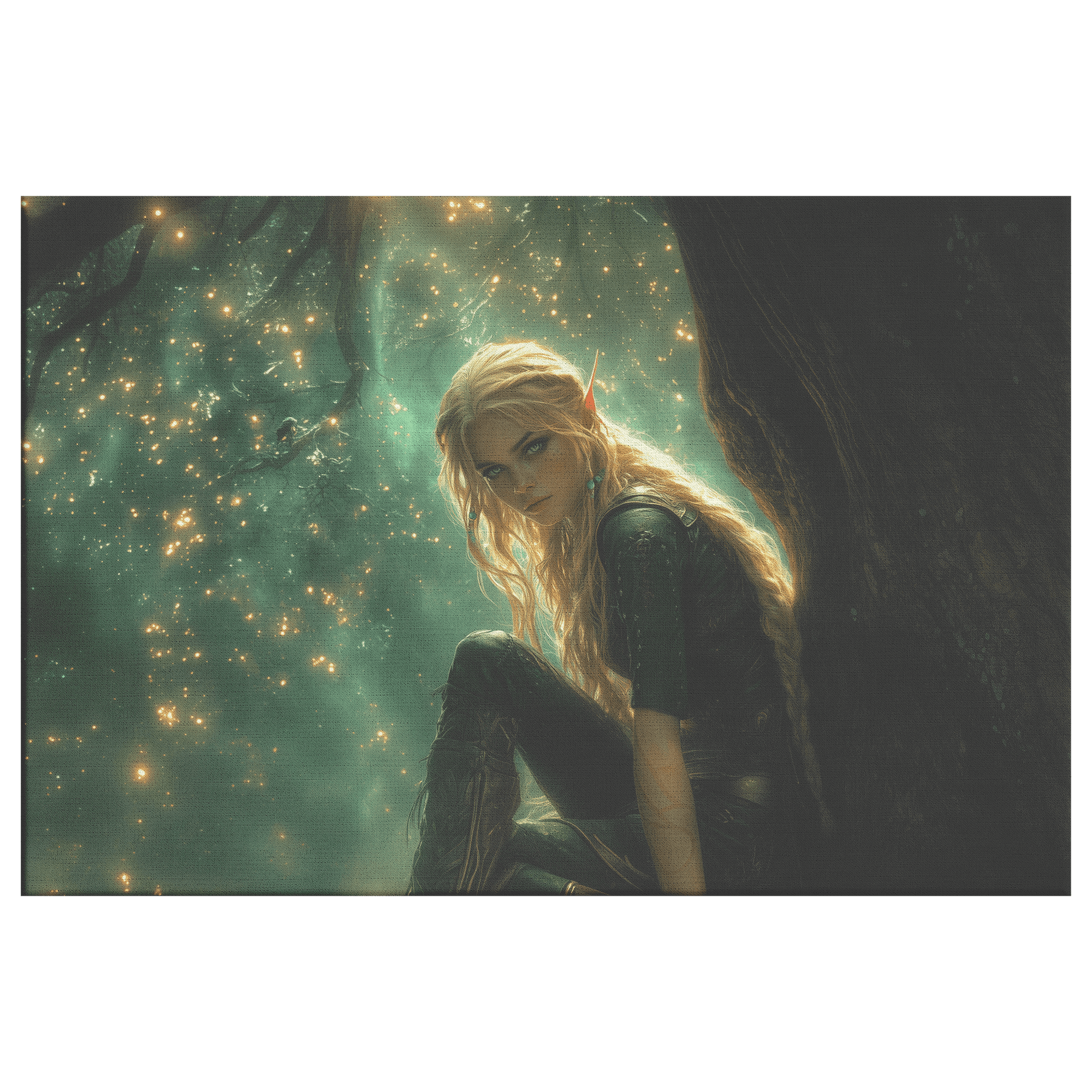 Female Blood Elf Hunter Perched on Treetop Shimmering Green Textures Cascading Golden Highlights Canvas Wall Art - Awakening Righteousness