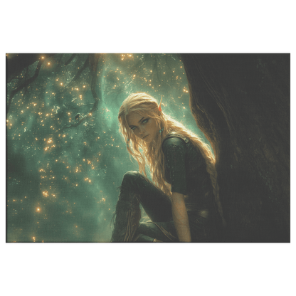 Female Blood Elf Hunter Perched on Treetop Shimmering Green Textures Cascading Golden Highlights Canvas Wall Art - Awakening Righteousness