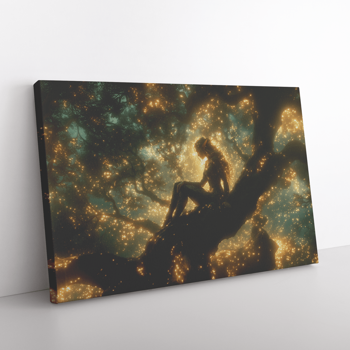 Female Blood Elf Hunter Perched on Treetop Shimmering Green Textures Cascading Golden Highlights Canvas Wall Art - Awakening Righteousness
