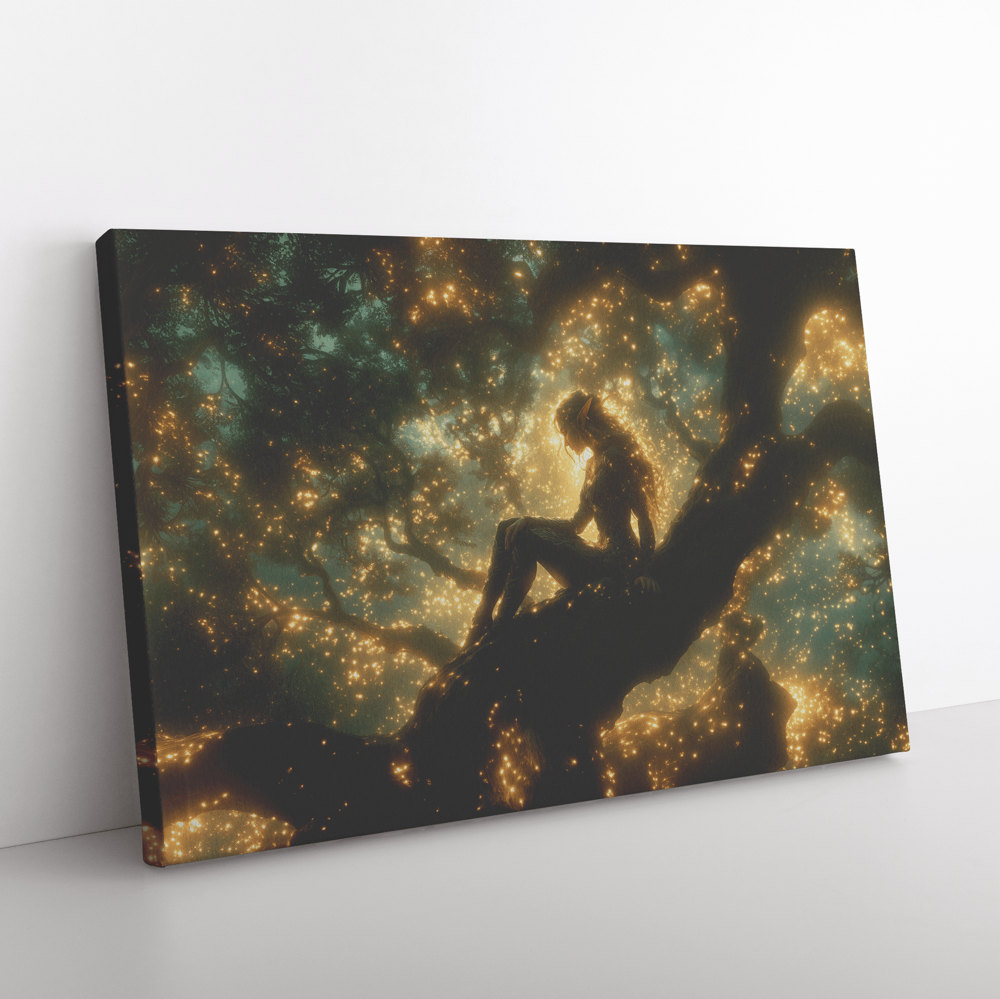 Female Blood Elf Hunter Perched on Treetop Shimmering Green Textures Cascading Golden Highlights Canvas Wall Art - Awakening Righteousness