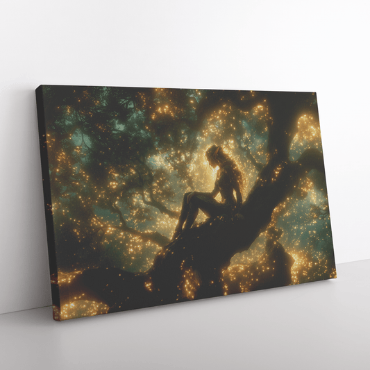 Female Blood Elf Hunter Perched on Treetop Shimmering Green Textures Cascading Golden Highlights Canvas Wall Art - Awakening Righteousness