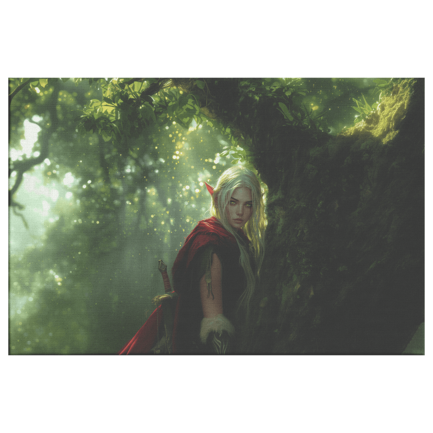 Female Blood Elf Hunter Perched on Treetop Shimmering Green Textures Cascading Golden Highlights Canvas Wall Art - Awakening Righteousness