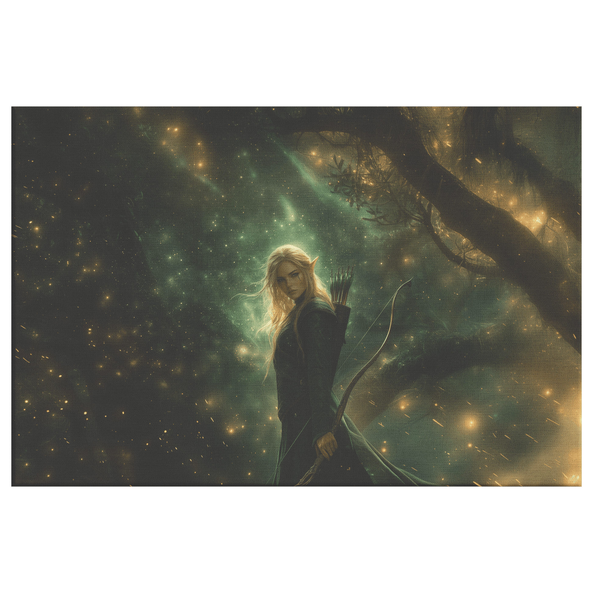 Female Blood Elf Hunter Standing in Dense Forest Glowing Arrows Shimmering Stars Radiant Green Mist Canvas Wall Art - Awakening Righteousness