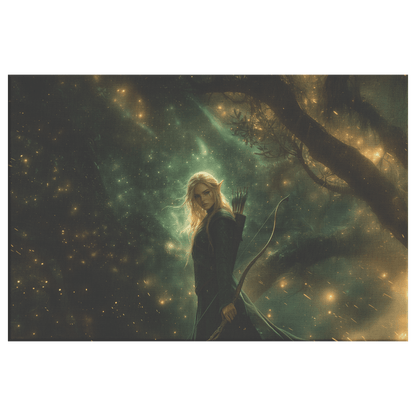 Female Blood Elf Hunter Standing in Dense Forest Glowing Arrows Shimmering Stars Radiant Green Mist Canvas Wall Art - Awakening Righteousness