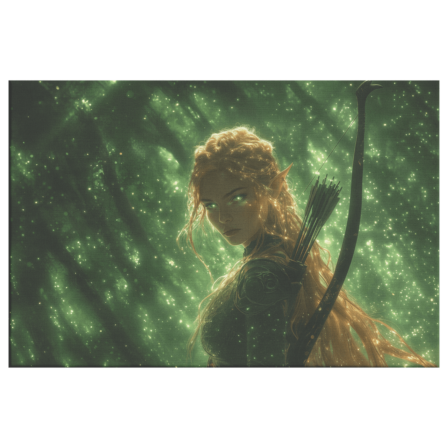 Female Blood Elf Hunter Standing in Dense Forest Glowing Arrows Shimmering Stars Radiant Green Mist Canvas Wall Art - Awakening Righteousness