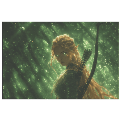 Female Blood Elf Hunter Standing in Dense Forest Glowing Arrows Shimmering Stars Radiant Green Mist Canvas Wall Art - Awakening Righteousness