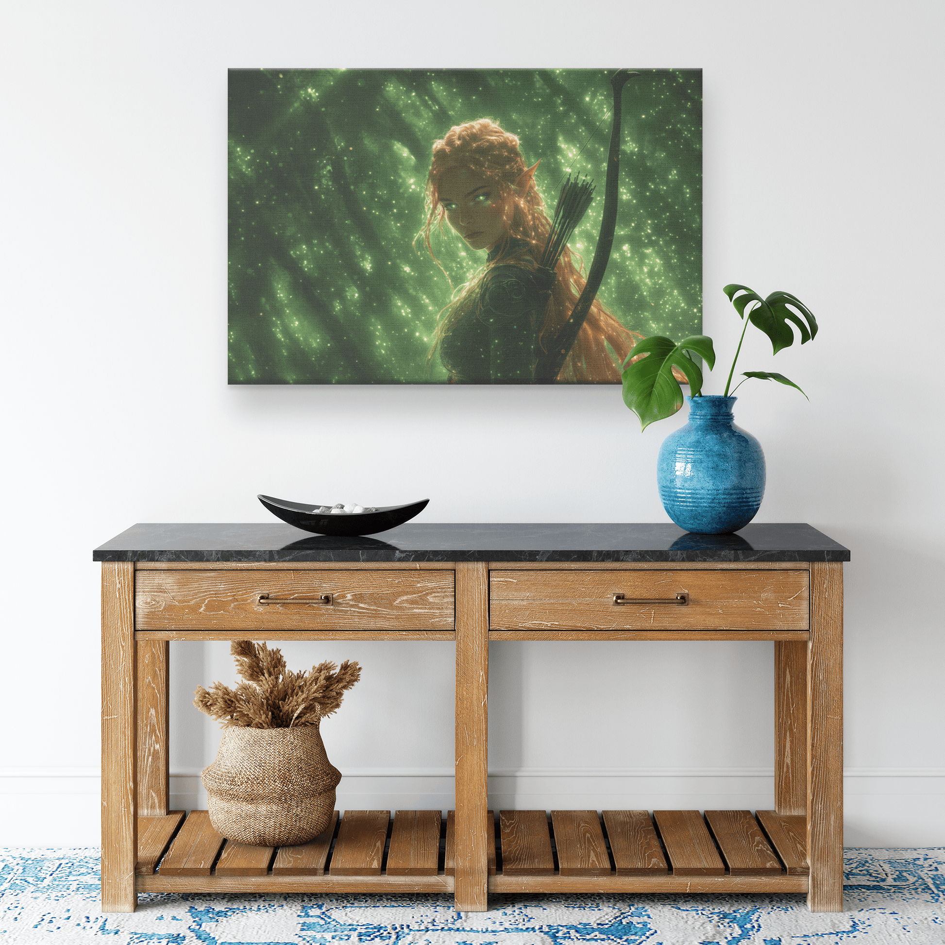 Female Blood Elf Hunter Standing in Dense Forest Glowing Arrows Shimmering Stars Radiant Green Mist Canvas Wall Art - Awakening Righteousness