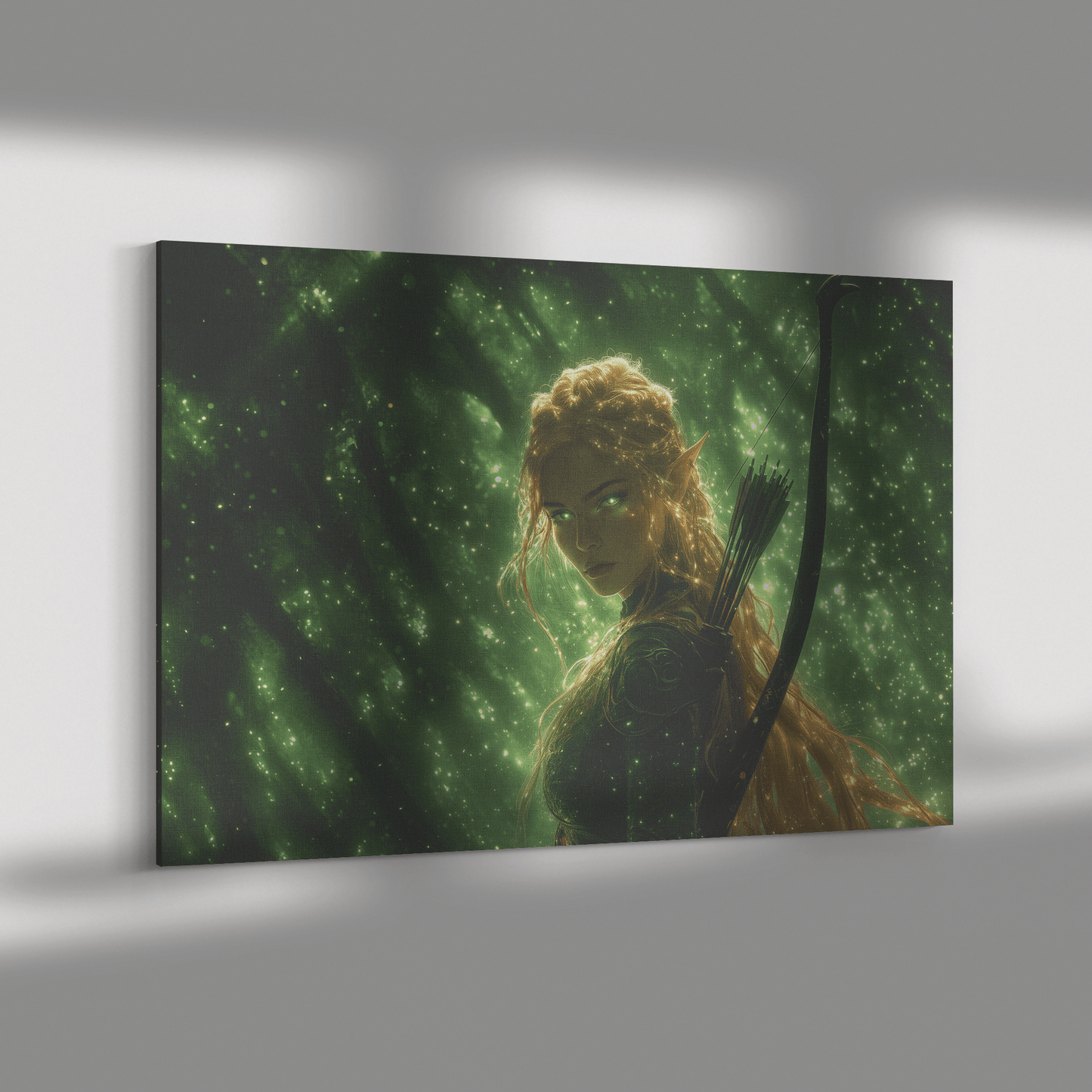 Female Blood Elf Hunter Standing in Dense Forest Glowing Arrows Shimmering Stars Radiant Green Mist Canvas Wall Art - Awakening Righteousness