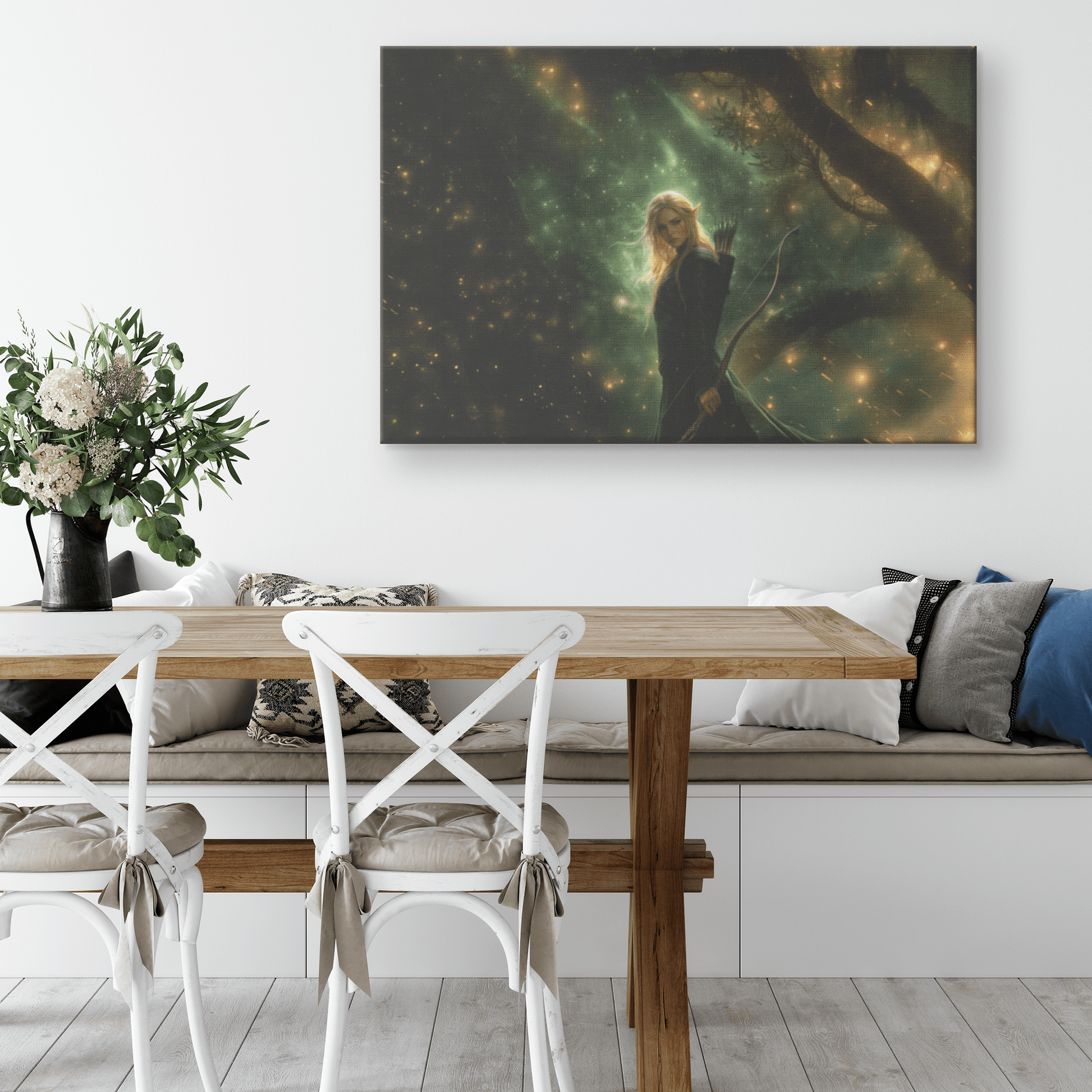 Female Blood Elf Hunter Standing in Dense Forest Glowing Arrows Shimmering Stars Radiant Green Mist Canvas Wall Art - Awakening Righteousness