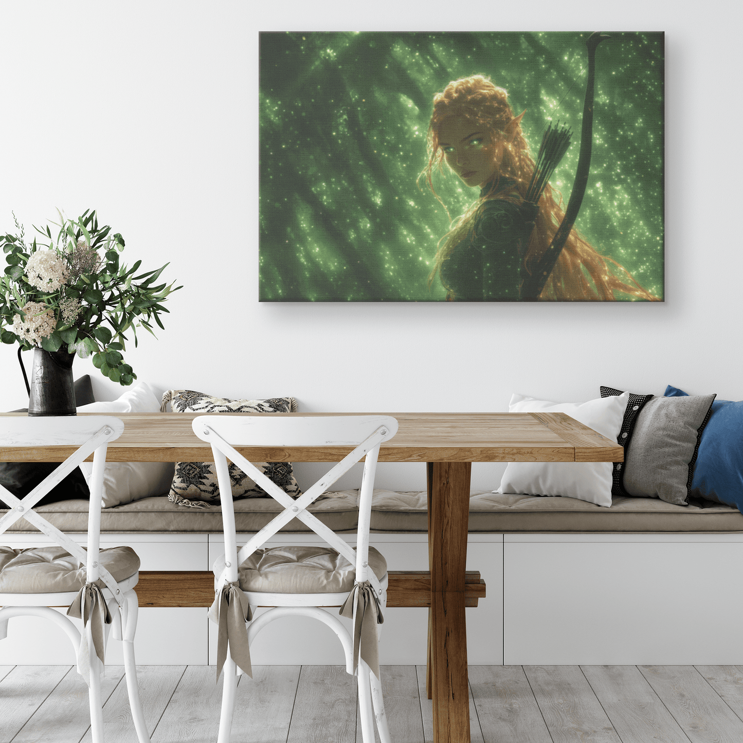 Female Blood Elf Hunter Standing in Dense Forest Glowing Arrows Shimmering Stars Radiant Green Mist Canvas Wall Art - Awakening Righteousness