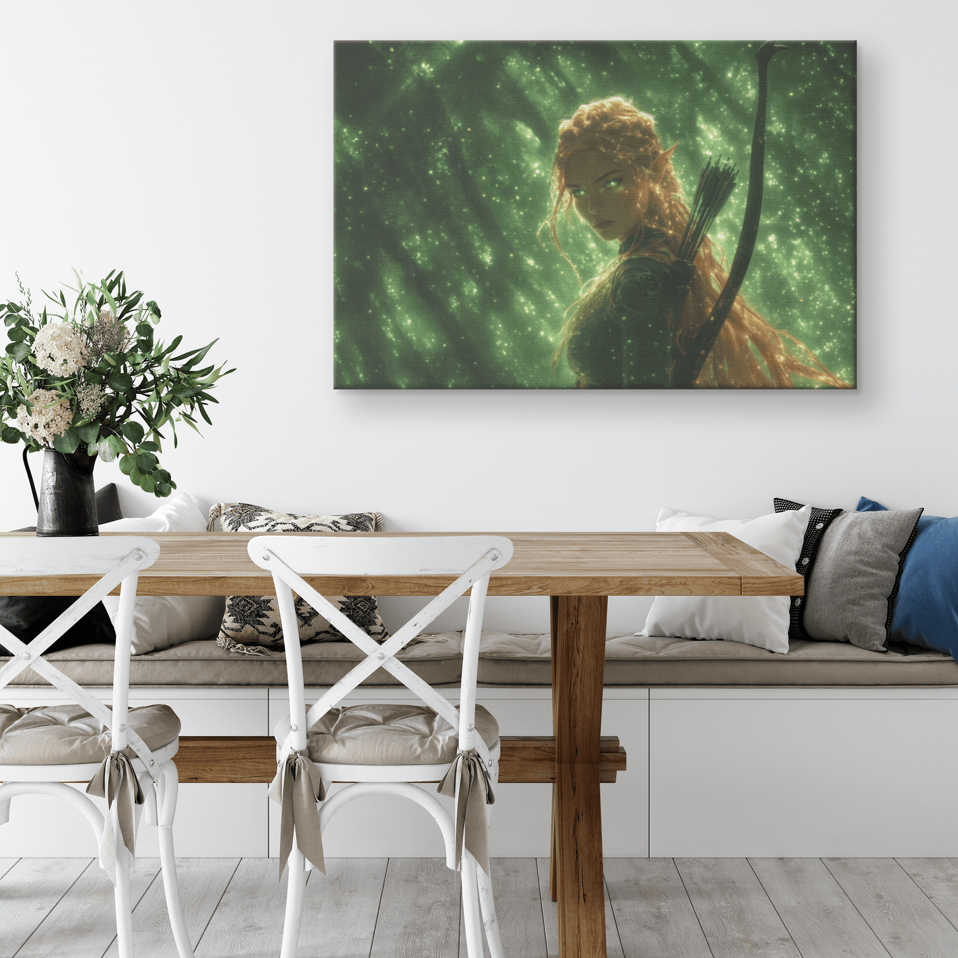 Female Blood Elf Hunter Standing in Dense Forest Glowing Arrows Shimmering Stars Radiant Green Mist Canvas Wall Art - Awakening Righteousness