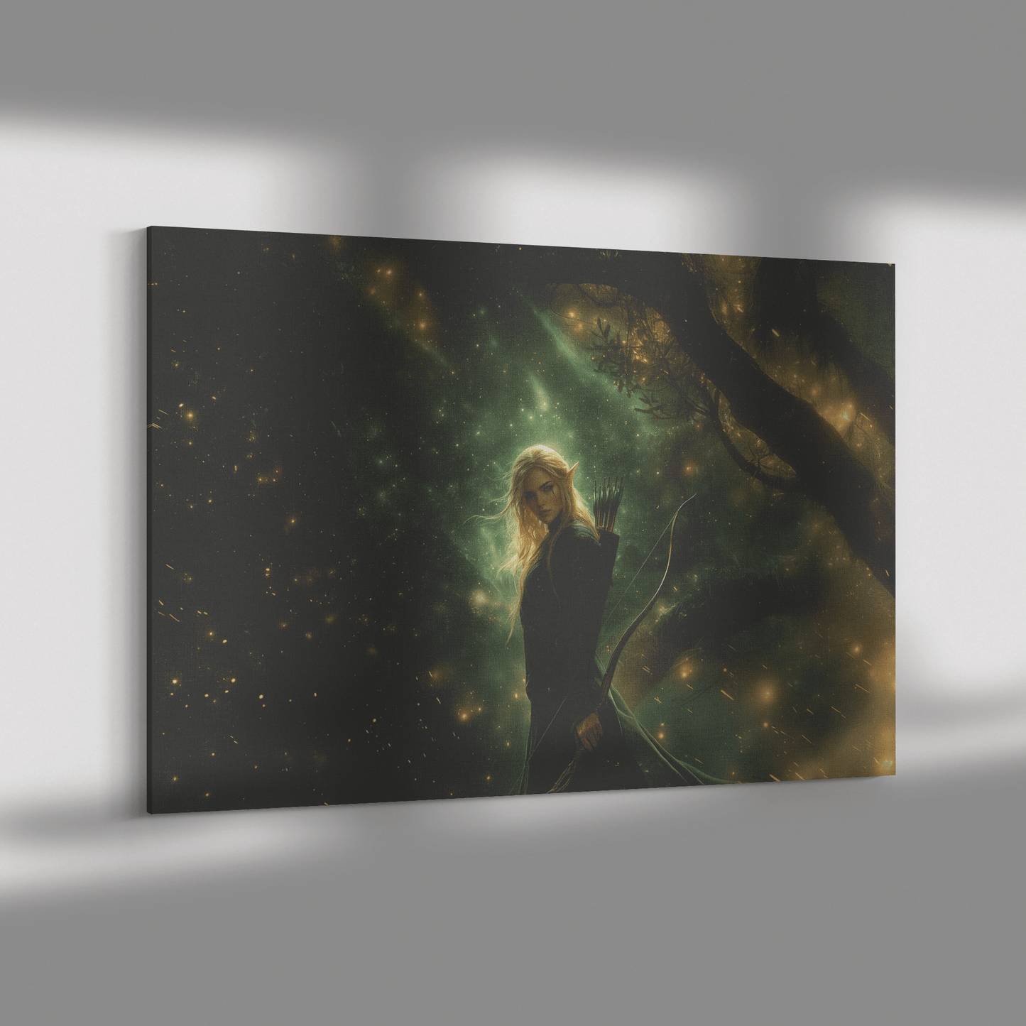 Female Blood Elf Hunter Standing in Dense Forest Glowing Arrows Shimmering Stars Radiant Green Mist Canvas Wall Art - Awakening Righteousness