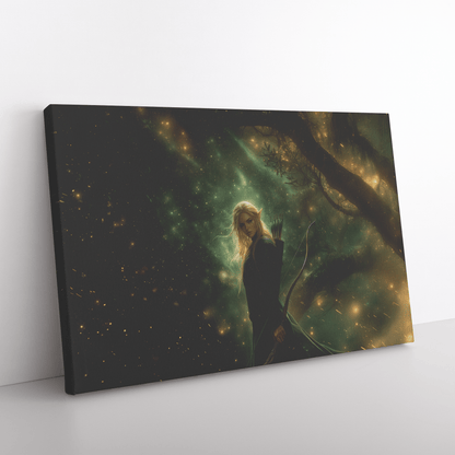 Female Blood Elf Hunter Standing in Dense Forest Glowing Arrows Shimmering Stars Radiant Green Mist Canvas Wall Art - Awakening Righteousness