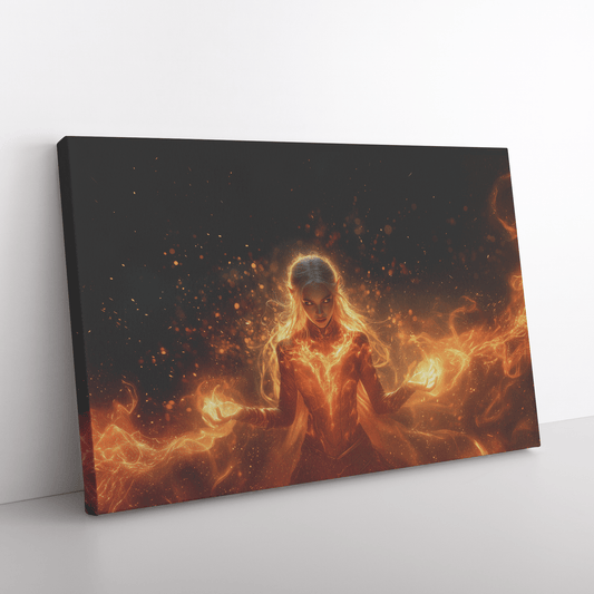 Female Blood Elf Mage Casting Fireball Radiant Red Orange Trails Shimmering Golden Textures Cascading Stars Canvas Art - Awakening Righteousness