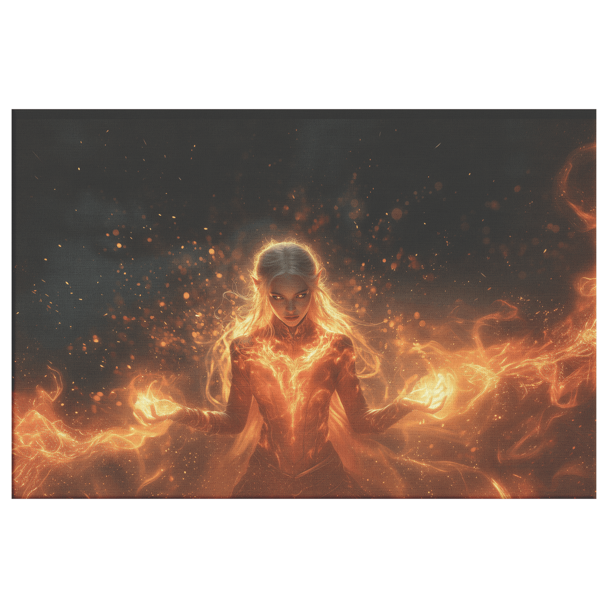 Female Blood Elf Mage Casting Fireball Radiant Red Orange Trails Shimmering Golden Textures Cascading Stars Canvas Art - Awakening Righteousness