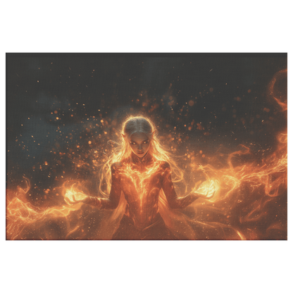 Female Blood Elf Mage Casting Fireball Radiant Red Orange Trails Shimmering Golden Textures Cascading Stars Canvas Art - Awakening Righteousness