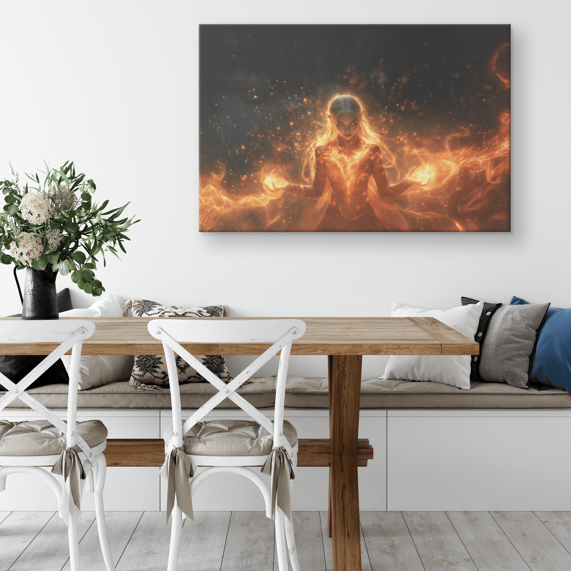 Female Blood Elf Mage Casting Fireball Radiant Red Orange Trails Shimmering Golden Textures Cascading Stars Canvas Art - Awakening Righteousness