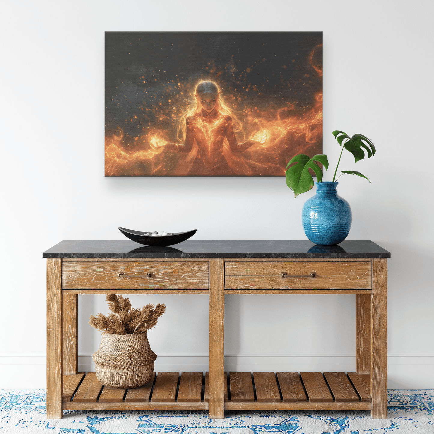 Female Blood Elf Mage Casting Fireball Radiant Red Orange Trails Shimmering Golden Textures Cascading Stars Canvas Art - Awakening Righteousness