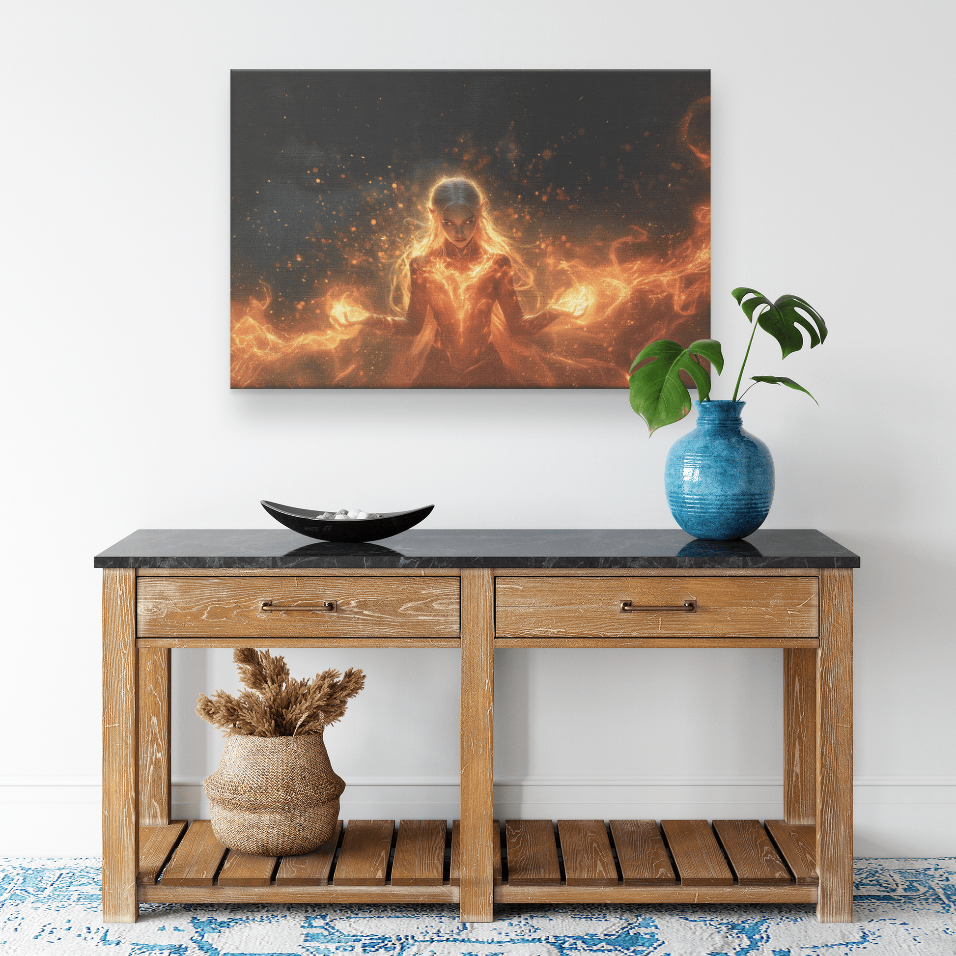 Female Blood Elf Mage Casting Fireball Radiant Red Orange Trails Shimmering Golden Textures Cascading Stars Canvas Art - Awakening Righteousness