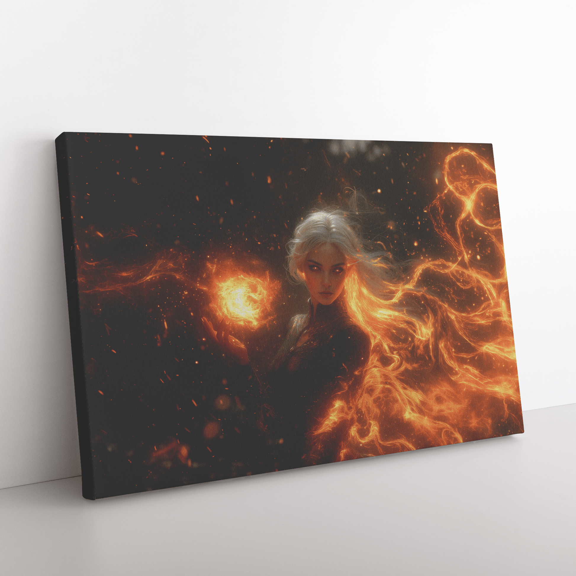 Female Blood Elf Mage Casting Fireball Red Orange Trails Shimmering Golden Textures Cascading Stars Canvas Wall Art - Awakening Righteousness