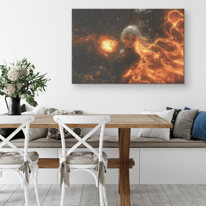 Female Blood Elf Mage Casting Fireball Red Orange Trails Shimmering Golden Textures Cascading Stars Canvas Wall Art - Awakening Righteousness