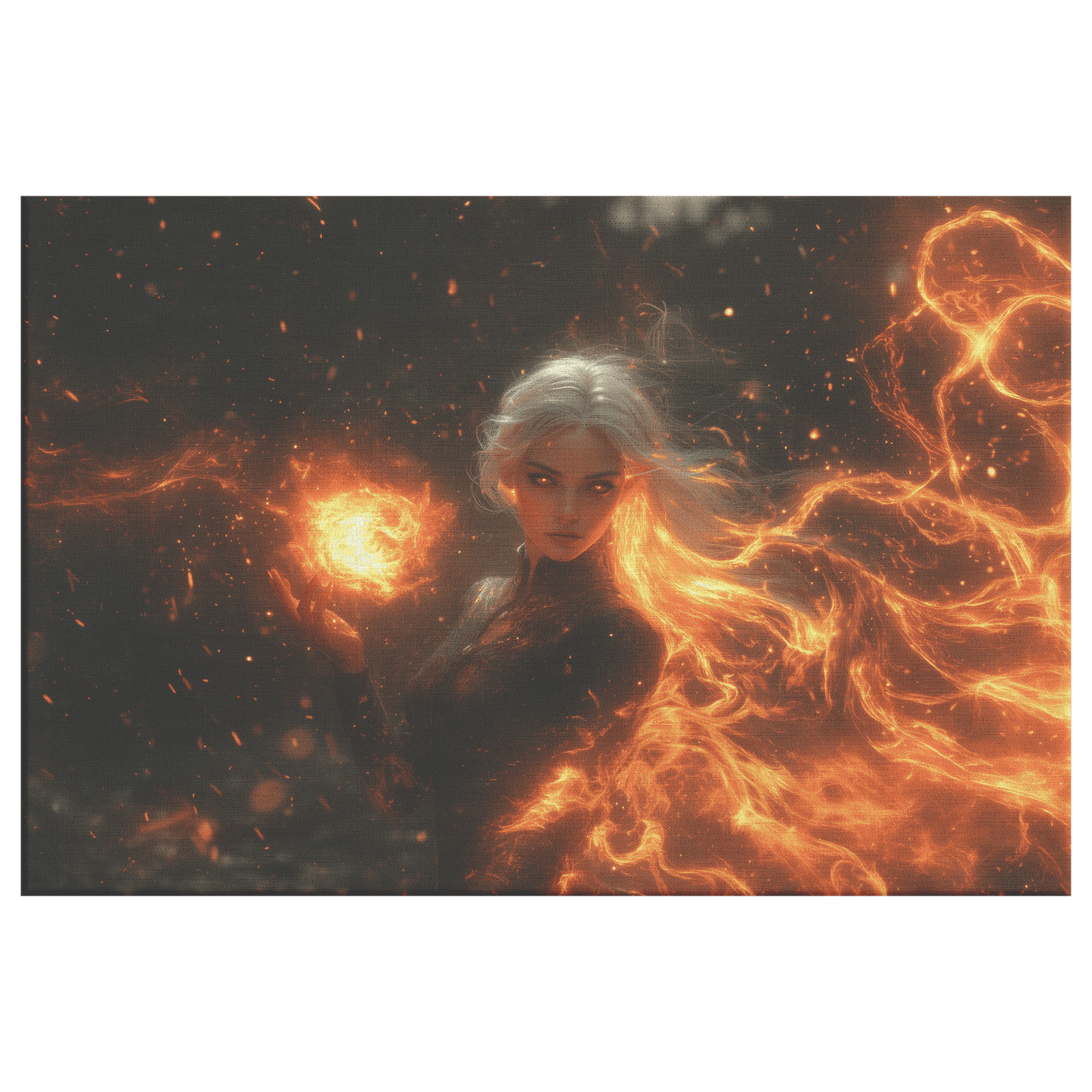 Female Blood Elf Mage Casting Fireball Red Orange Trails Shimmering Golden Textures Cascading Stars Canvas Wall Art - Awakening Righteousness