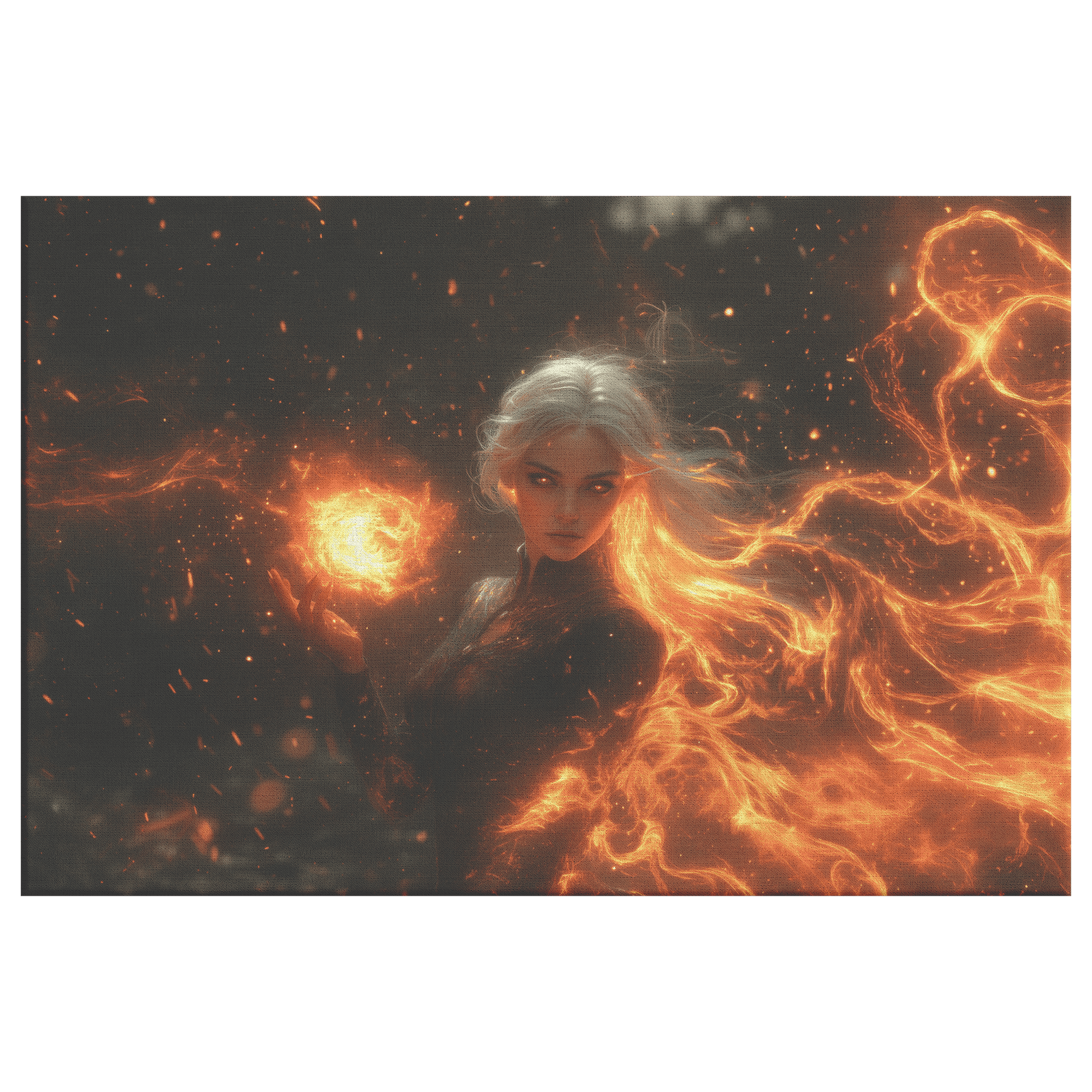 Female Blood Elf Mage Casting Fireball Red Orange Trails Shimmering Golden Textures Cascading Stars Canvas Wall Art - Awakening Righteousness