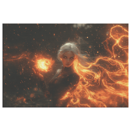 Female Blood Elf Mage Casting Fireball Red Orange Trails Shimmering Golden Textures Cascading Stars Canvas Wall Art - Awakening Righteousness