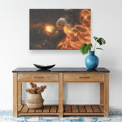 Female Blood Elf Mage Casting Fireball Red Orange Trails Shimmering Golden Textures Cascading Stars Canvas Wall Art - Awakening Righteousness