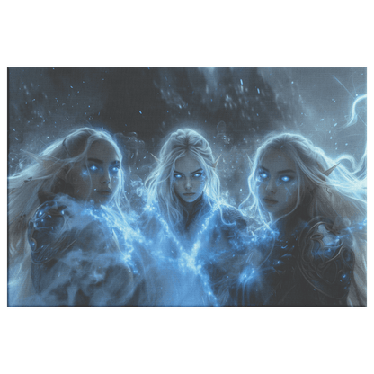 Female Blood Elf Mage Channeling Frost Magic Shimmering Blue Mist Radiant Silver Highlights Canvas Wall Art - Awakening Righteousness
