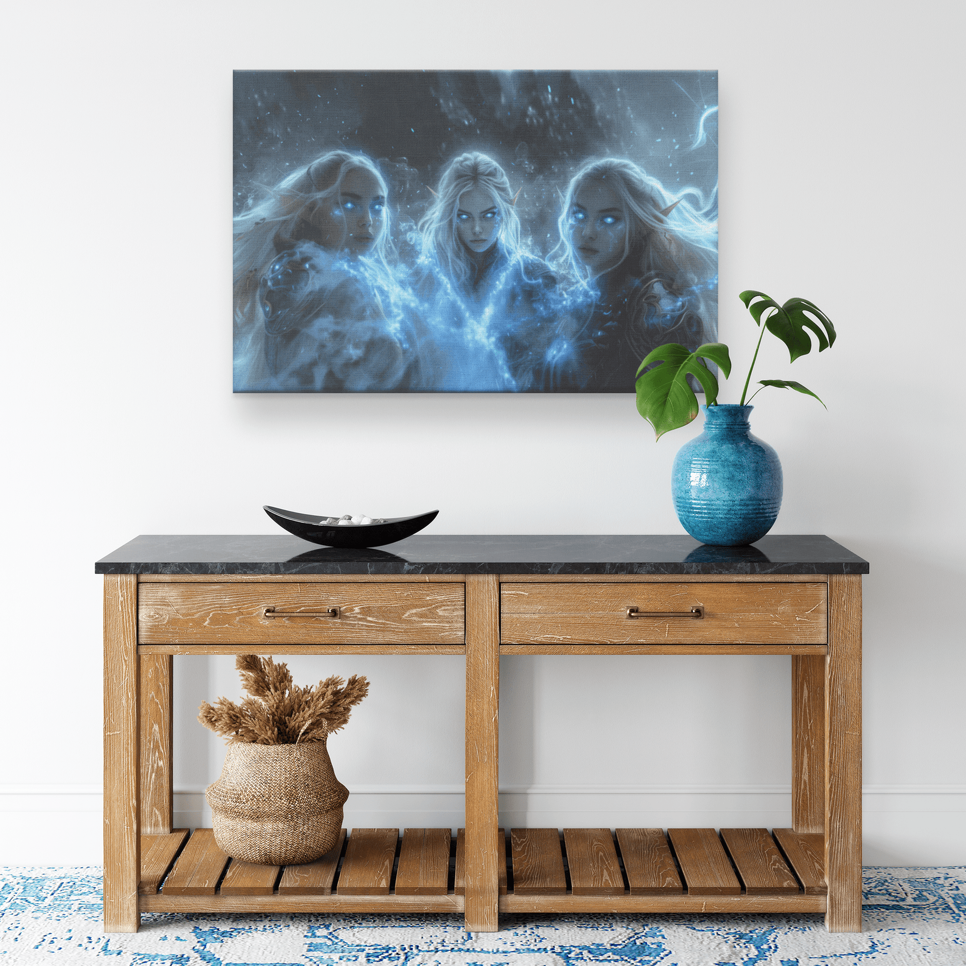 Female Blood Elf Mage Channeling Frost Magic Shimmering Blue Mist Radiant Silver Highlights Canvas Wall Art - Awakening Righteousness