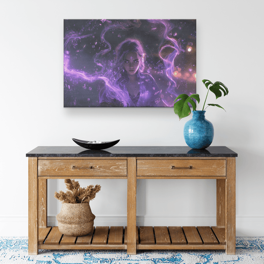 Female Blood Elf Mage Glowing Purple Robes Shimmering Cosmic Textures Radiant Arcane Symbols Canvas Wall Art - Awakening Righteousness