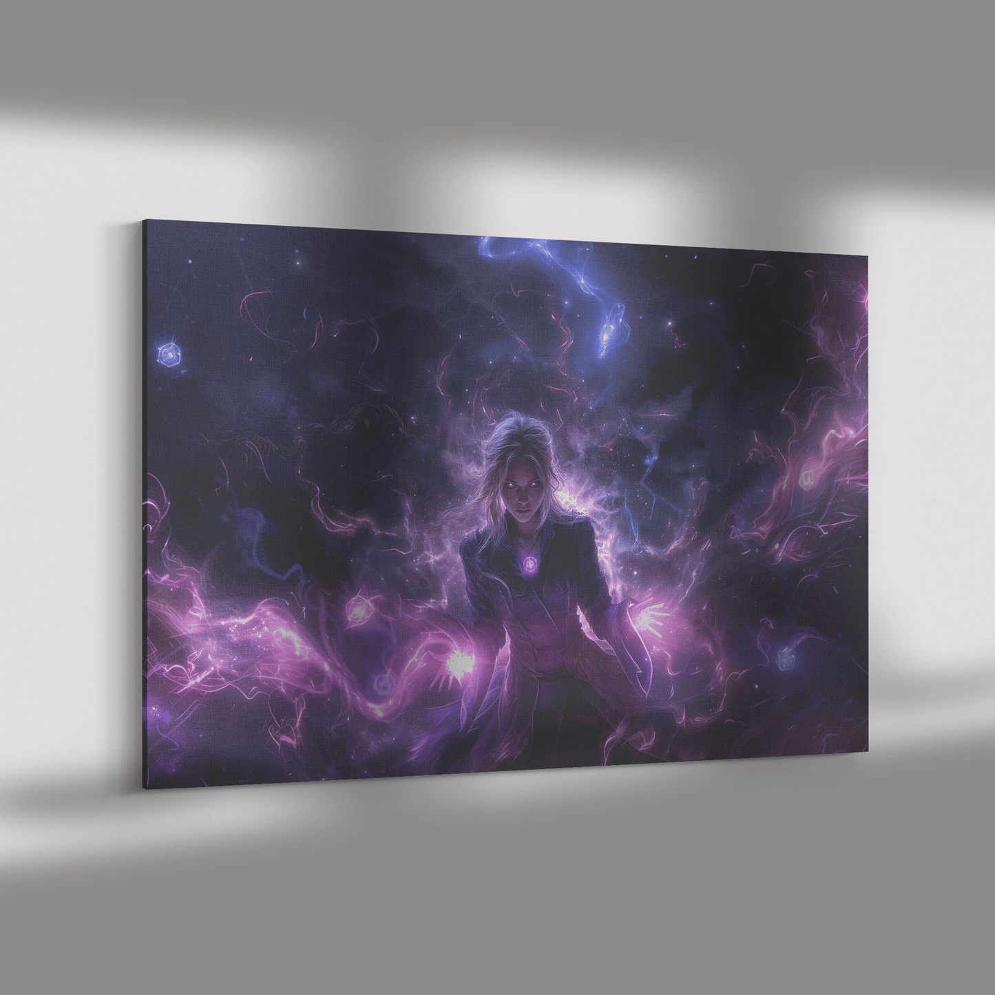 Female Blood Elf Mage Glowing Purple Robes Shimmering Cosmic Textures Radiant Arcane Symbols WoW Canvas Wall Artv - Awakening Righteousness