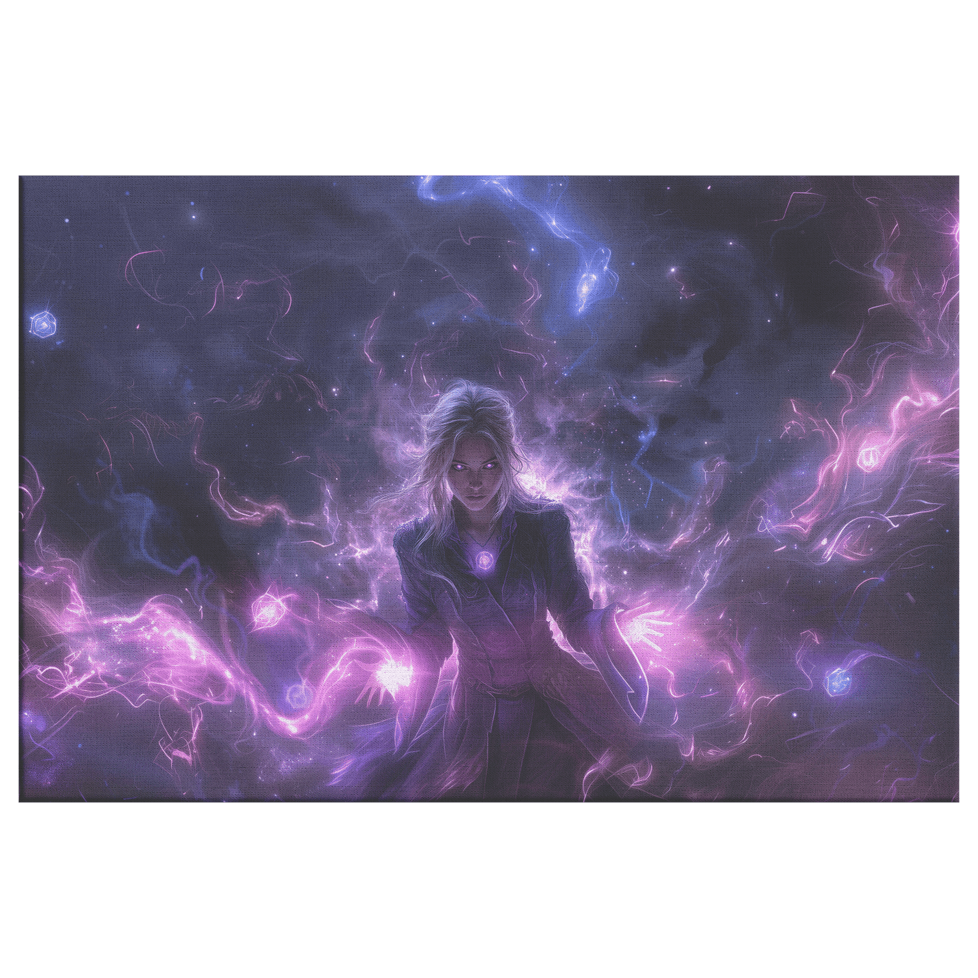 Female Blood Elf Mage Glowing Purple Robes Shimmering Cosmic Textures Radiant Arcane Symbols WoW Canvas Wall Artv - Awakening Righteousness
