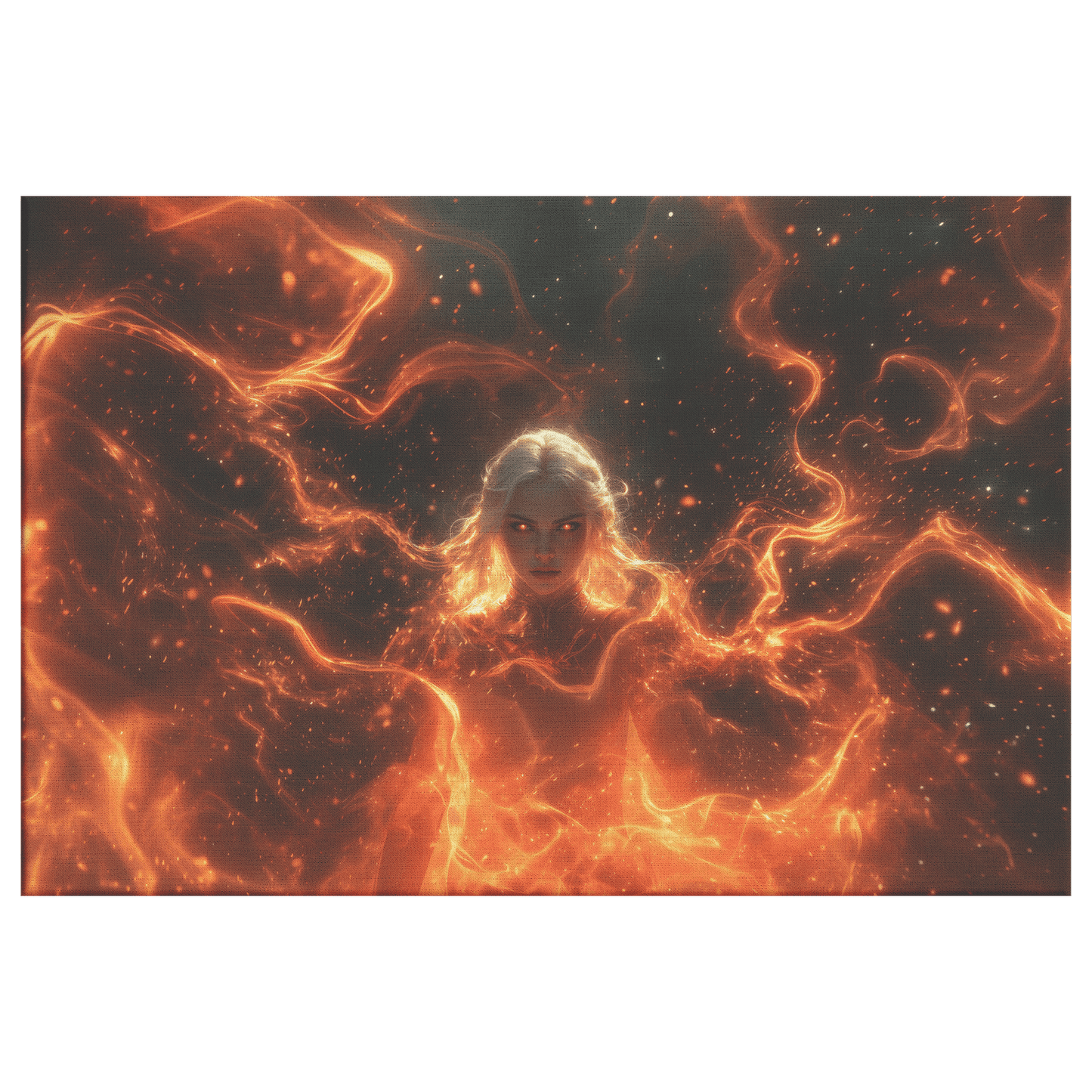 Female Blood Elf Mage Summoning Fiery Magic Swirling Red Gold Flames Shimmering Stars Glowing Accents Canvas Wall Art - Awakening Righteousness