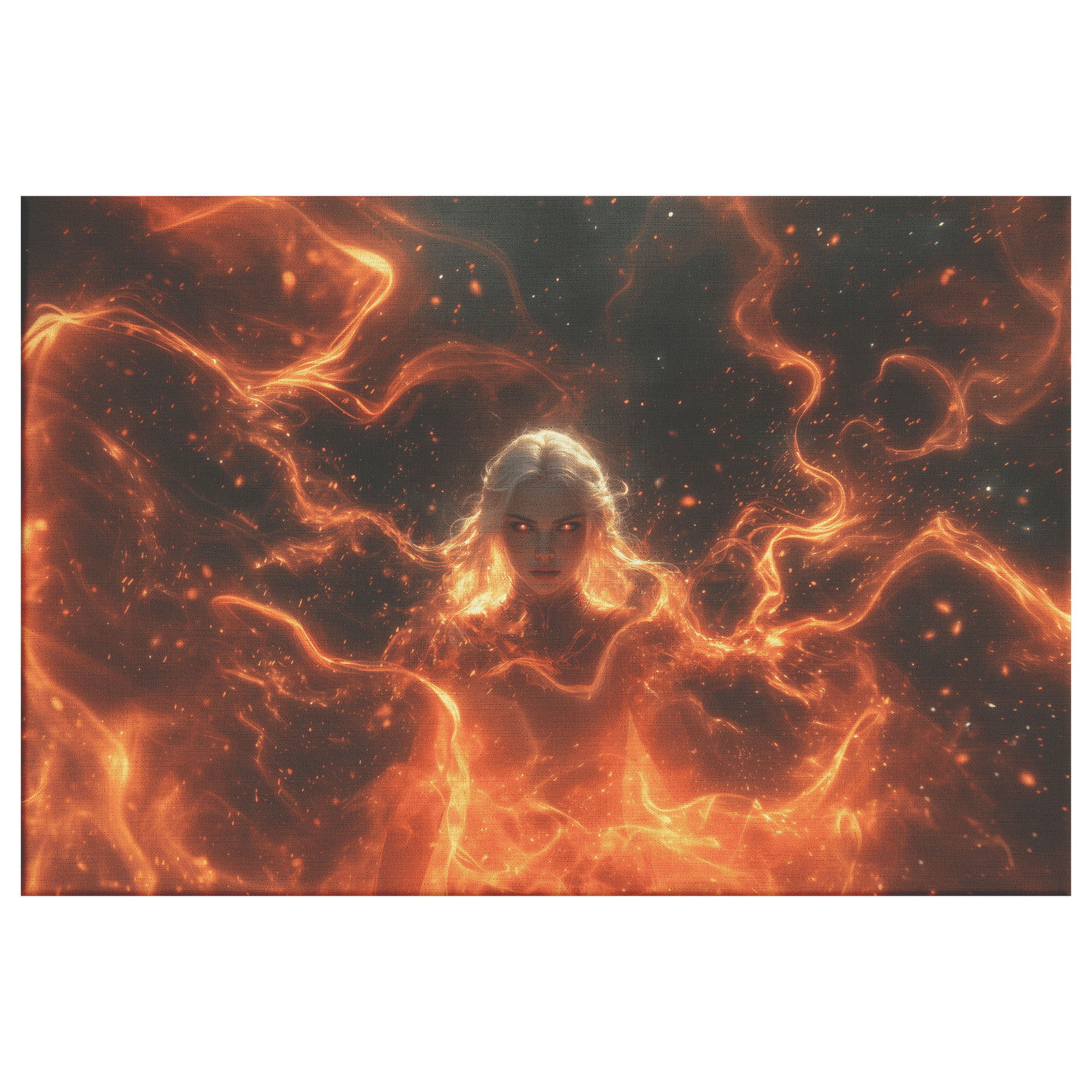 Female Blood Elf Mage Summoning Fiery Magic Swirling Red Gold Flames Shimmering Stars Glowing Accents Canvas Wall Art - Awakening Righteousness