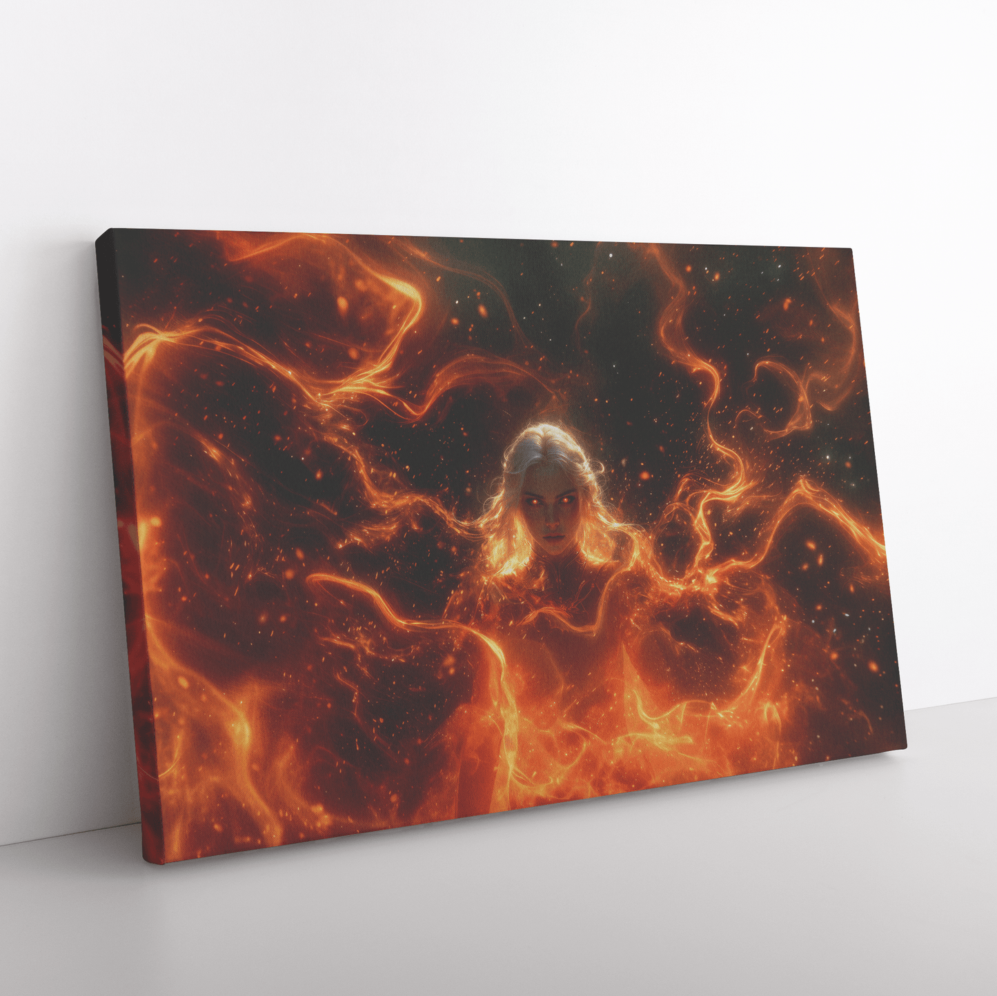 Female Blood Elf Mage Summoning Fiery Magic Swirling Red Gold Flames Shimmering Stars Glowing Accents Canvas Wall Art - Awakening Righteousness