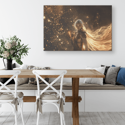 Female Blood Elf Paladin Fiery Sword Silver Red Armor Shimmering Golden Mist Glowing Reflections Canvas Wall Art - Awakening Righteousness