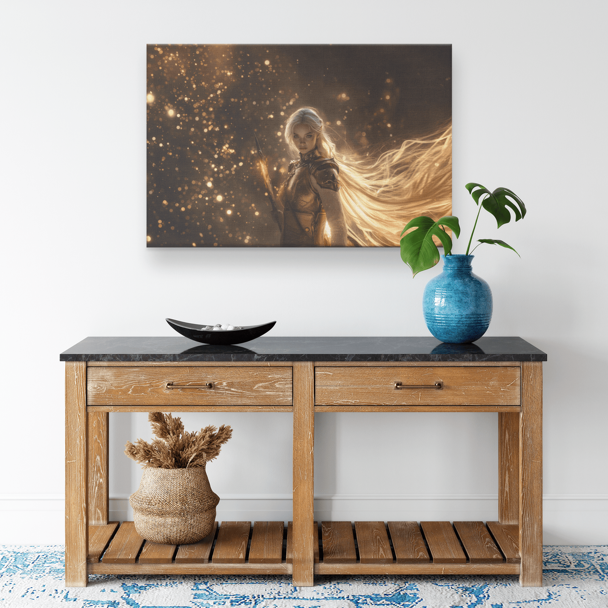 Female Blood Elf Paladin Fiery Sword Silver Red Armor Shimmering Golden Mist Glowing Reflections Canvas Wall Art - Awakening Righteousness