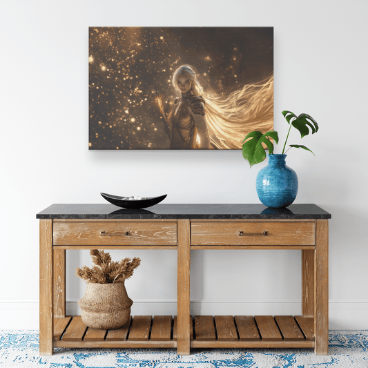 Female Blood Elf Paladin Fiery Sword Silver Red Armor Shimmering Golden Mist Glowing Reflections Canvas Wall Art - Awakening Righteousness
