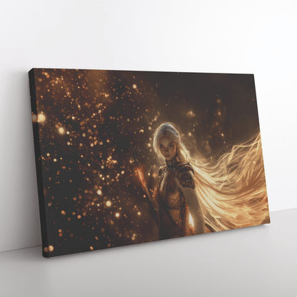 Female Blood Elf Paladin Fiery Sword Silver Red Armor Shimmering Golden Mist Glowing Reflections Canvas Wall Art - Awakening Righteousness
