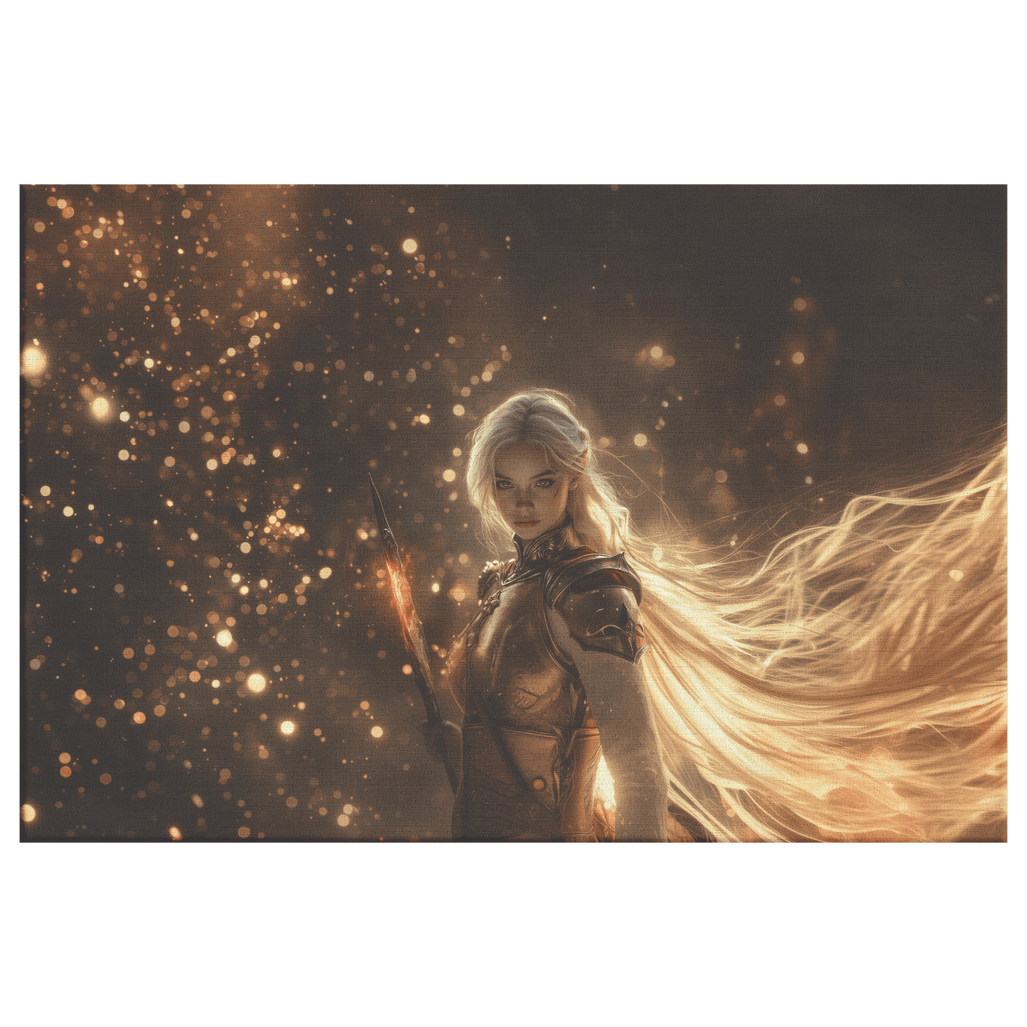 Female Blood Elf Paladin Fiery Sword Silver Red Armor Shimmering Golden Mist Glowing Reflections Canvas Wall Art - Awakening Righteousness