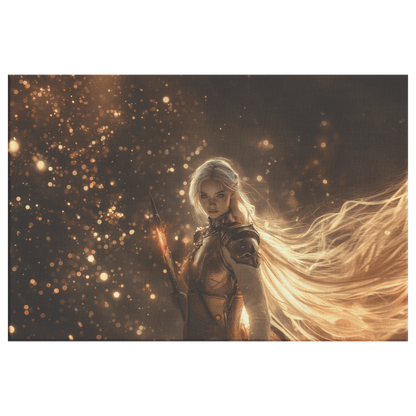 Female Blood Elf Paladin Fiery Sword Silver Red Armor Shimmering Golden Mist Glowing Reflections Canvas Wall Art - Awakening Righteousness
