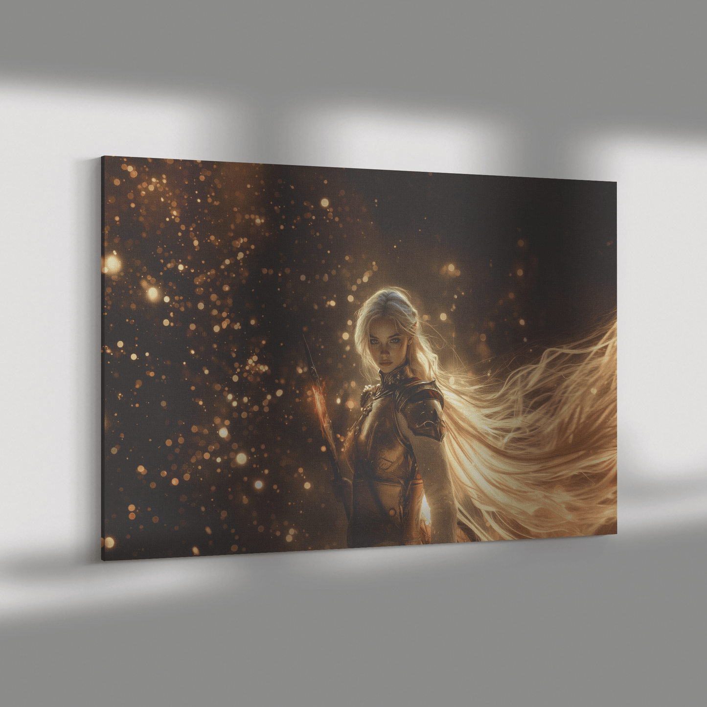 Female Blood Elf Paladin Fiery Sword Silver Red Armor Shimmering Golden Mist Glowing Reflections Canvas Wall Art - Awakening Righteousness