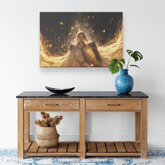 Female Blood Elf Paladin Gold Crimson Armor Glowing Rune Shield Radiant Golden Light Trails Canvas Wall Art - Awakening Righteousness